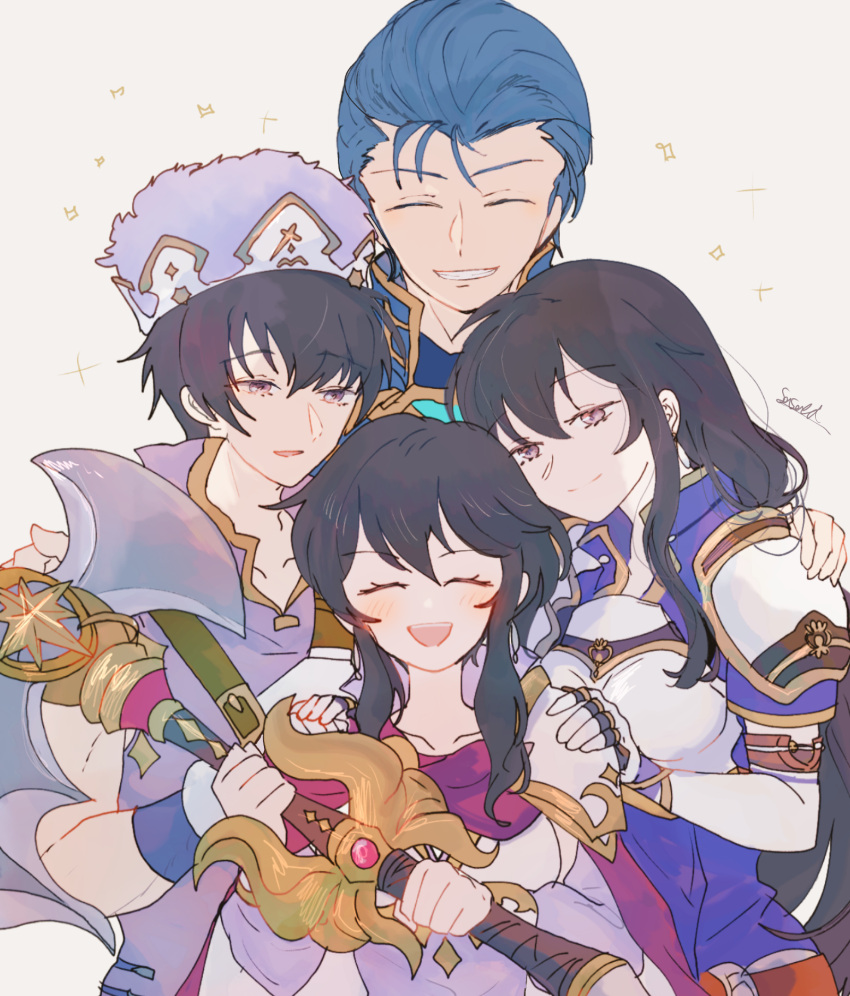 2boys 2girls armor axe ayra_(fire_emblem) black_hair blue_hair breastplate brother_and_sister closed_eyes family father_and_daughter father_and_son fire_emblem fire_emblem:_genealogy_of_the_holy_war fire_emblem_heroes highres holding holding_axe larcei_(fire_emblem) larcei_(scion)_(fire_emblem) lex_(fire_emblem) mother_and_daughter mother_and_son multiple_boys multiple_girls official_alternate_costume open_mouth pauldrons sasaki_(dkenpisss) scathach_(fire_emblem) shoulder_armor siblings smile