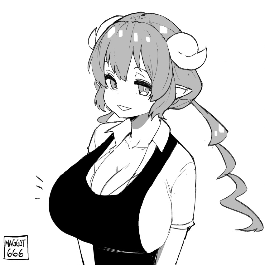 1girl absurdres apron breasts cleavage collared_shirt cropped detexted downblouse dragon_girl dragon_horns emphasis_lines employee_uniform from_above greyscale grin highres horns huge_breasts ilulu_(maidragon) kobayashi-san_chi_no_maidragon long_hair looking_at_viewer monochrome norman_maggot oppai_loli pointy_ears pov shirt shortstack sidelocks signature sketch slit_pupils smile teasing third-party_edit uniform