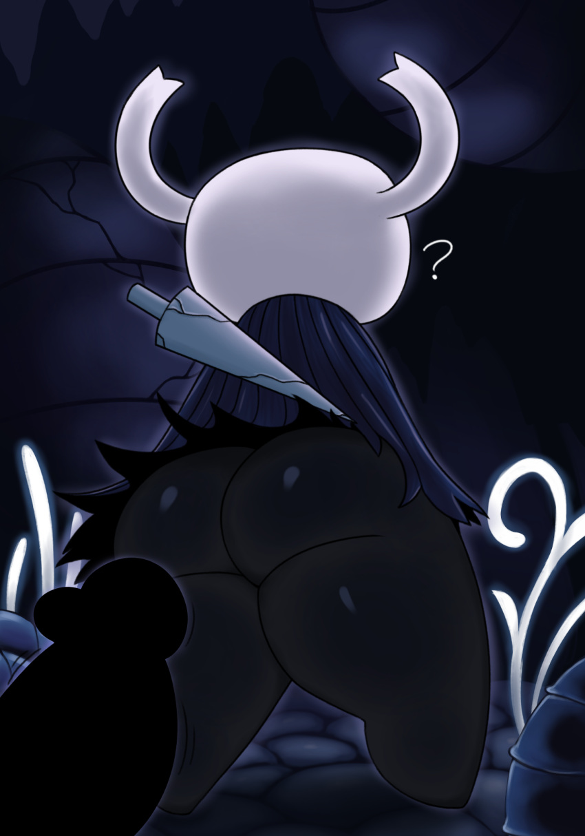 anthro arthropod big_butt black_body bulge butt cave cloak cloak_only clothing duo genital_outline genitals hi_res hollow_knight horn imminent_sex male male/male nail_(hollow_knight) penis penis_outline question_mark rear_view shell stones team_cherry the_knight_(hollow_knight) thick_thighs throbbing throbbing_penis weapon weapon_on_back zlut385