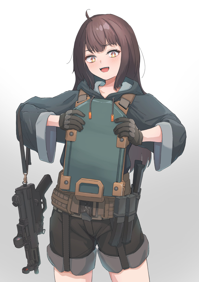 1girl :d absurdres ahoge belt black_gloves black_hair black_hoodie blush body_armor eyelashes eyeliner flat_chest gloves gun h&amp;k_mp5k hair_between_eyes highres hood hoodie long_hair long_sleeves magazine_(weapon) makeup okapi_(yomaigoto) original shorts sidelocks simple_background smile solo strap submachine_gun weapon white_background yellow_eyes