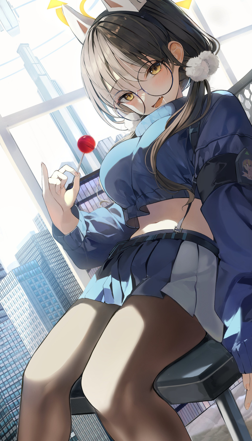1girl absurdres animal_ears_(norankkori) black_hair black_thighhighs blue_archive blue_jacket blue_skirt breasts candy crop_top drooling fang food hair_ornament halo highres holding holding_candy holding_food holding_lollipop jacket large_breasts lollipop long_sleeves low_twintails midriff moe_(blue_archive) mouth_drool pleated_skirt pom_pom_(clothes) pom_pom_hair_ornament round_eyewear saliva sitting skin_fang skirt solo thighhighs twintails yellow_eyes