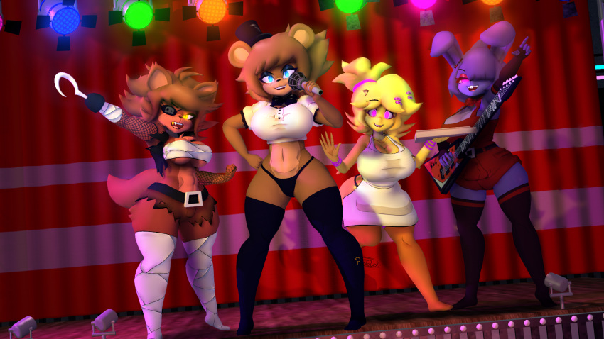 3d_(artwork) anthro avian bear big_breasts bird bonnie_(cally3d) breasts canid canine chica_(cally3d) chicken clothed clothing digital_media_(artwork) female female/female fox foxy_(cally3d) fredina's_nightclub fredina_(cally3d) galliform gallus_(genus) group guitar hi_res holding_object lagomorph leporid looking_at_viewer mammal microphone musical_instrument phasianid photolol.03 plucked_string_instrument rabbit simple_background string_instrument thick_thighs