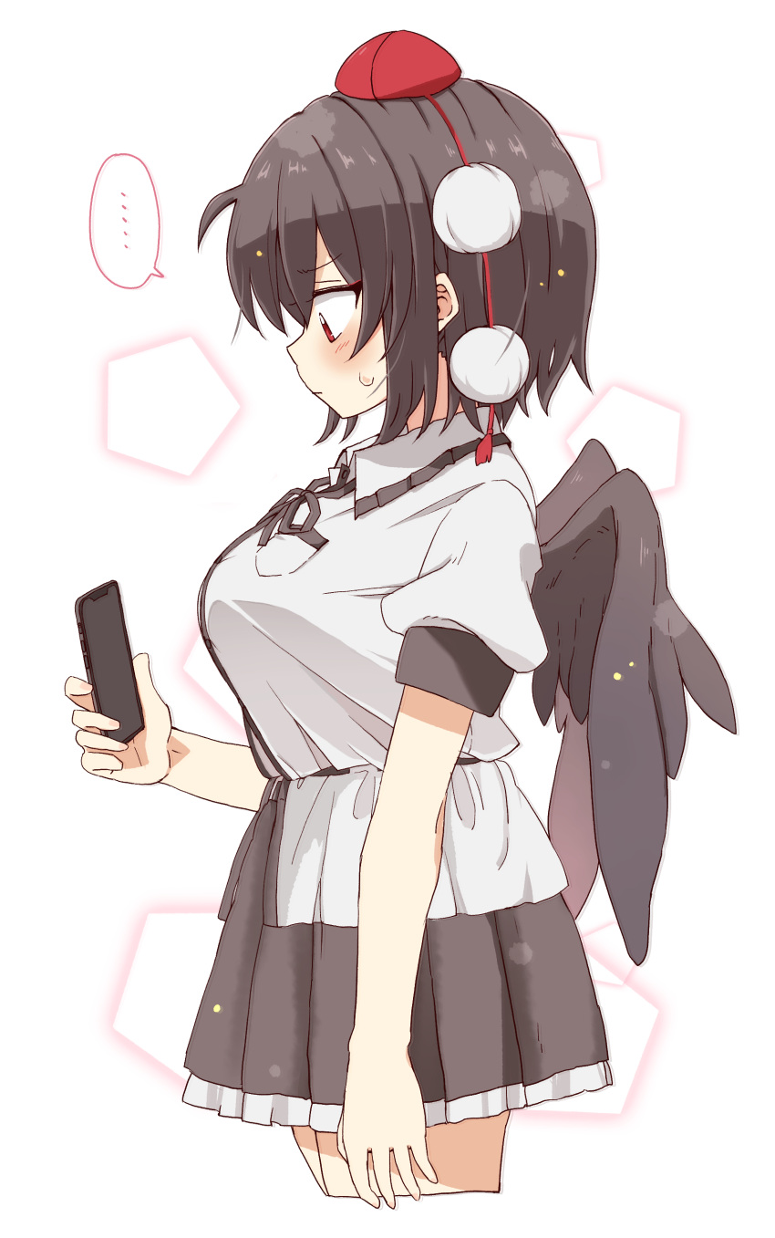 ... 1girl absurdres black_hair black_ribbon black_skirt black_wings blush breasts cellphone closed_mouth collared_shirt cropped_legs dress_shirt feathered_wings frilled_skirt frills from_side hair_between_eyes hat highres holding holding_phone large_breasts looking_down neck_ribbon phone pleated_skirt profile puffy_short_sleeves puffy_sleeves red_eyes red_headwear ribbon shameimaru_aya shirt short_sleeves simple_background skirt solo spoken_ellipsis sweat tented_shirt tokin_hat totoharu_(kujirai_minato) touhou white_background white_shirt wings