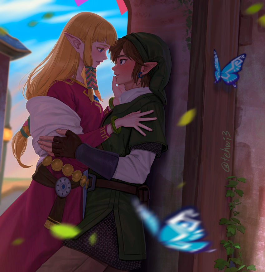 1boy 1girl against_wall artist_name belt blonde_hair blush brown_belt brown_gloves brown_hair brown_pants bug butterfly cowboy_shot day dress eye_contact fingerless_gloves gloves green_headwear hair_ribbon highres link long_hair long_sleeves looking_at_another outdoors pants pointy_ears princess_zelda red_dress ribbon short_hair smile teeth tehwi the_legend_of_zelda the_legend_of_zelda:_skyward_sword tress_ribbon