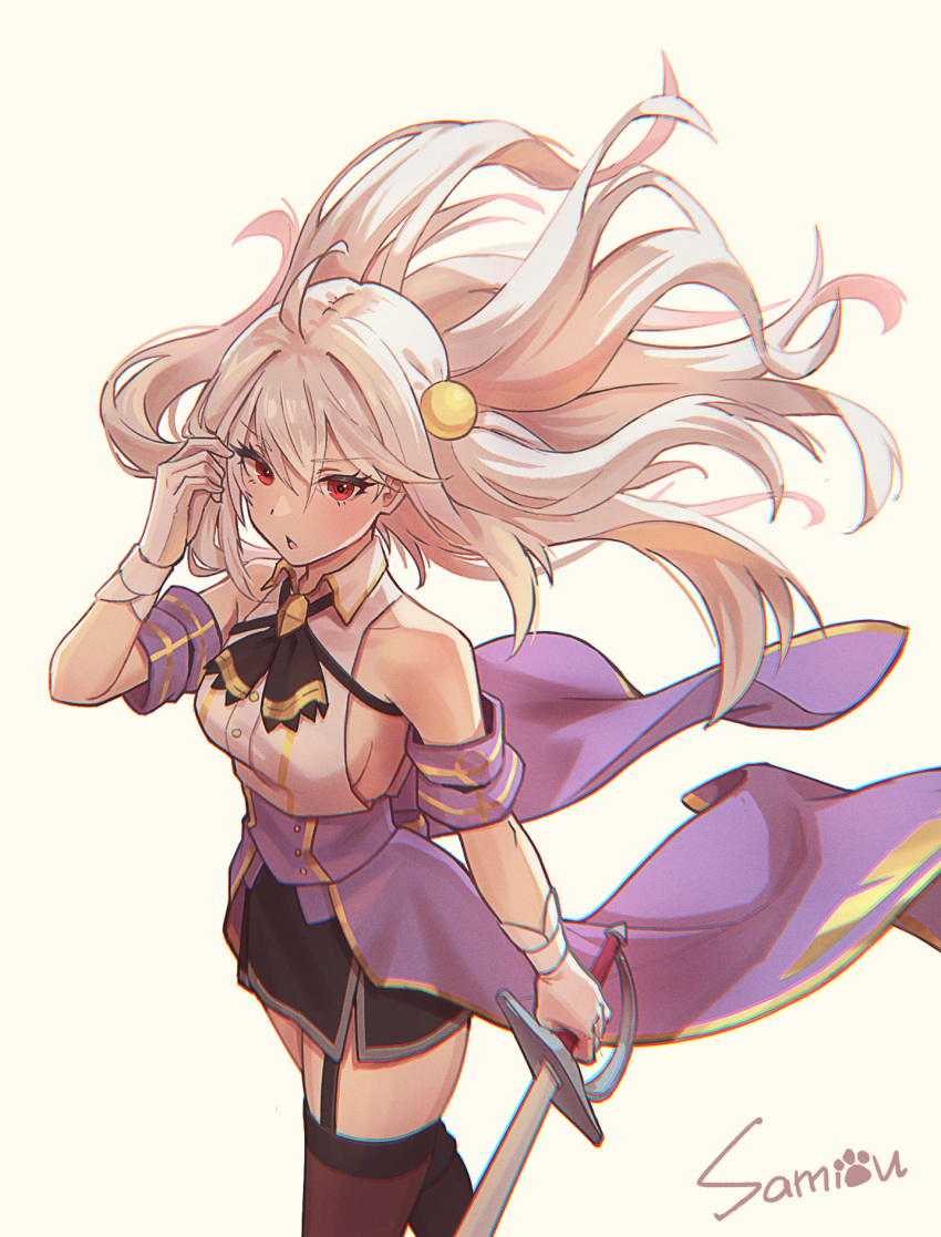 1girl adjusting_hair ahoge ascot bare_shoulders black_ascot black_garter_straps black_thighhighs breasts cape chromatic_aberration commentary_request garter_straps gloves hair_between_eyes hand_up highres holding holding_sword holding_weapon long_hair looking_at_viewer medium_breasts ninym_ralei parted_lips purple_cape red_eyes samiou shirt sideboob signature simple_background sleeveless sleeveless_shirt solo sword tensai_ouji_no_akaji_kokka_saiseijutsu thighhighs waist_cape weapon white_background white_gloves white_hair