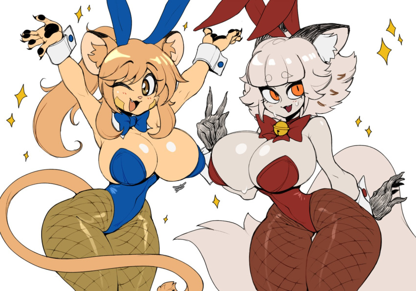 anthro big_breasts big_butt blonde_hair bodily_fluids breasts brown_eyes bunny_costume butt catmaid_(cibastion) cibastion cleavage clothed clothing costume domestic_cat duo fake_ears fake_rabbit_ears fangs felid feline felis female fur goya_(lucyfercomic) hair hi_res huge_breasts huge_butt huge_thighs looking_at_viewer mammal one_eye_closed open_mouth orange_eyes simple_background smile sparkles standing sweat tail teeth thick_thighs white_body white_fur white_hair wide_hips wink yellow_body yellow_fur