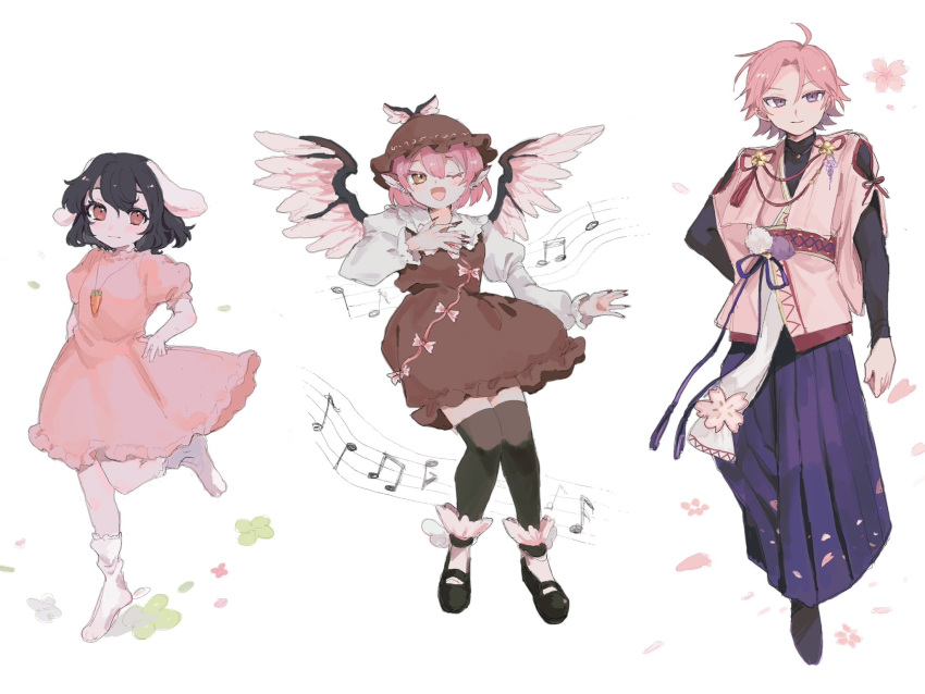 1boy 2girls animal_ears beamed_eighth_notes bird_ears bird_wings black_footwear black_hair black_thighhighs brown_dress brown_headwear carrot_necklace closed_mouth collared_shirt crossover dress eighth_note ensemble_stars! fingernails hair_between_eyes hat highres inaba_tewi jewelry long_fingernails long_sleeves multiple_girls musical_note mystia_lorelei nail_polish necklace one_eye_closed open_mouth oukawa_kohaku pink_dress pink_eyes pink_hair pink_wings plumapple3 quarter_note rabbit_ears red_eyes red_nails sharp_fingernails shirt shoes short_hair short_sleeves simple_background smile socks thighhighs touhou white_background white_shirt white_socks winged_footwear winged_hat wings yellow_eyes