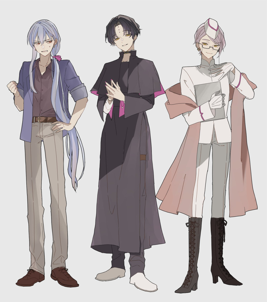 3boys belt belt_collar black_capelet black_collar black_footwear black_hair black_pants black_robe blue_jacket boots bracelet brown_belt brown_footwear brown_shirt capelet cassock clenched_hand clipboard collar cross-laced_footwear earrings eyewear_strap facial_mark fang fate/grand_order fate_(series) forehead_mark full_body garrison_cap genderswap genderswap_(ftm) glasses gloves grey_background grey_hair grey_pants hair_between_eyes hair_over_shoulder hair_ribbon hand_on_own_chest hand_on_own_hip hat high_heel_boots high_heels highres holding holding_clipboard jacket jewelry kama_(fate) koyanskaya_(fate) lace-up_boots long_hair long_sleeves looking_at_another looking_at_viewer low_ponytail male_focus mizuno_(bbzzzzzzbb) multiple_boys open_clothes open_jacket own_hands_together pants parted_bangs parted_lips pink_hair pink_nails pink_ribbon pink_shawl red_eyes ribbon robe sesshouin_kiara shawl shirt shoes short_hair sideways_glance simple_background skin_fang sleeves_rolled_up smile standing steepled_fingers sweatdrop swept_bangs tamamo_(fate) v-shaped_eyebrows white_footwear white_gloves white_headwear white_jacket white_pants white_shirt yellow_eyes