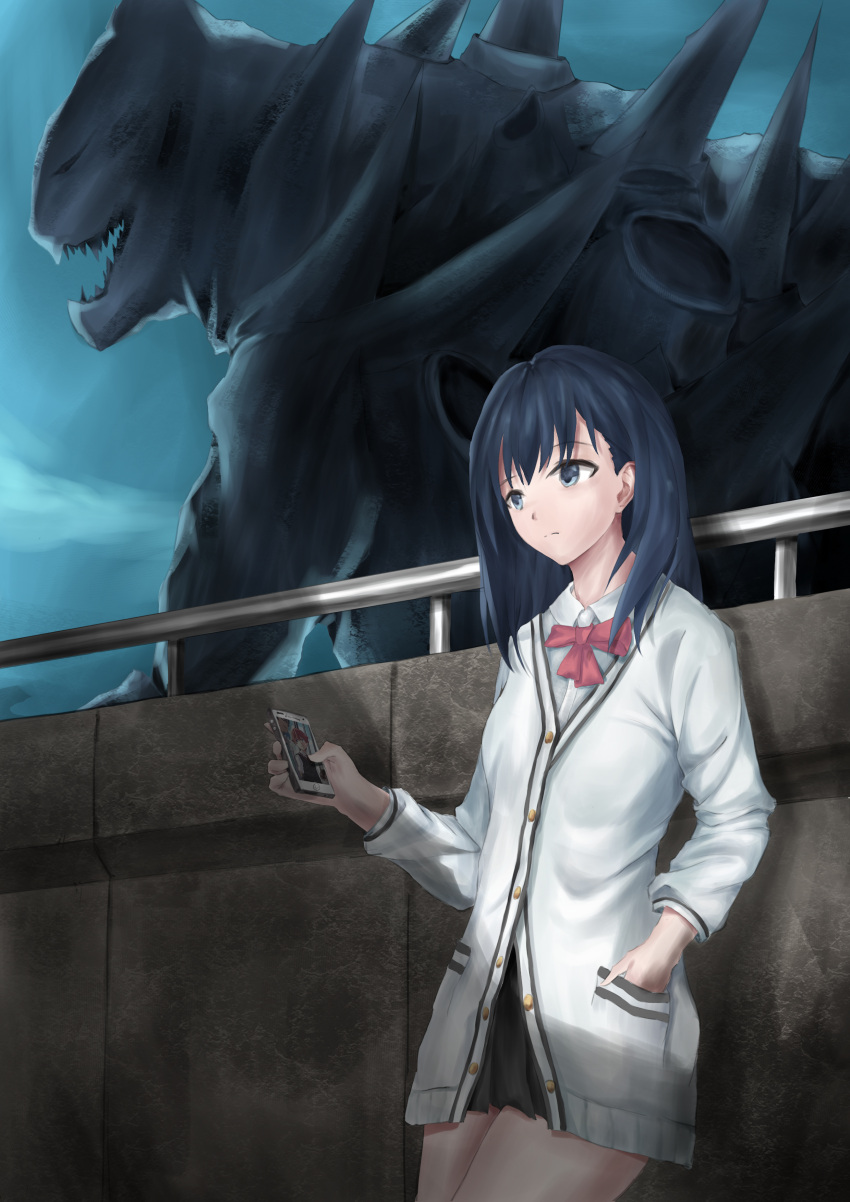 1boy 1girl 1other absurdres against_wall bare_legs black_hair black_skirt blue_eyes bow bowtie cardigan cellphone closed_mouth collared_shirt commentary_request cowboy_shot cropped_legs english_commentary gridman_universe hair_over_shoulder hand_in_pocket hibiki_yuuta highres holding holding_phone kaijuu leaning leaning_back legs_together long_hair looking_ahead miniskirt mixed-language_commentary monster neck_ribbon night night_sky nomadic-cart outdoors parted_bangs phone pleated_skirt railing red_bow red_hair red_ribbon ribbon school_uniform shirt sidelocks sitting skirt sky sleeveless sleeveless_sweater smartphone solo_focus ssss.gridman sweater takarada_rikka thighs wall white_cardigan white_shirt