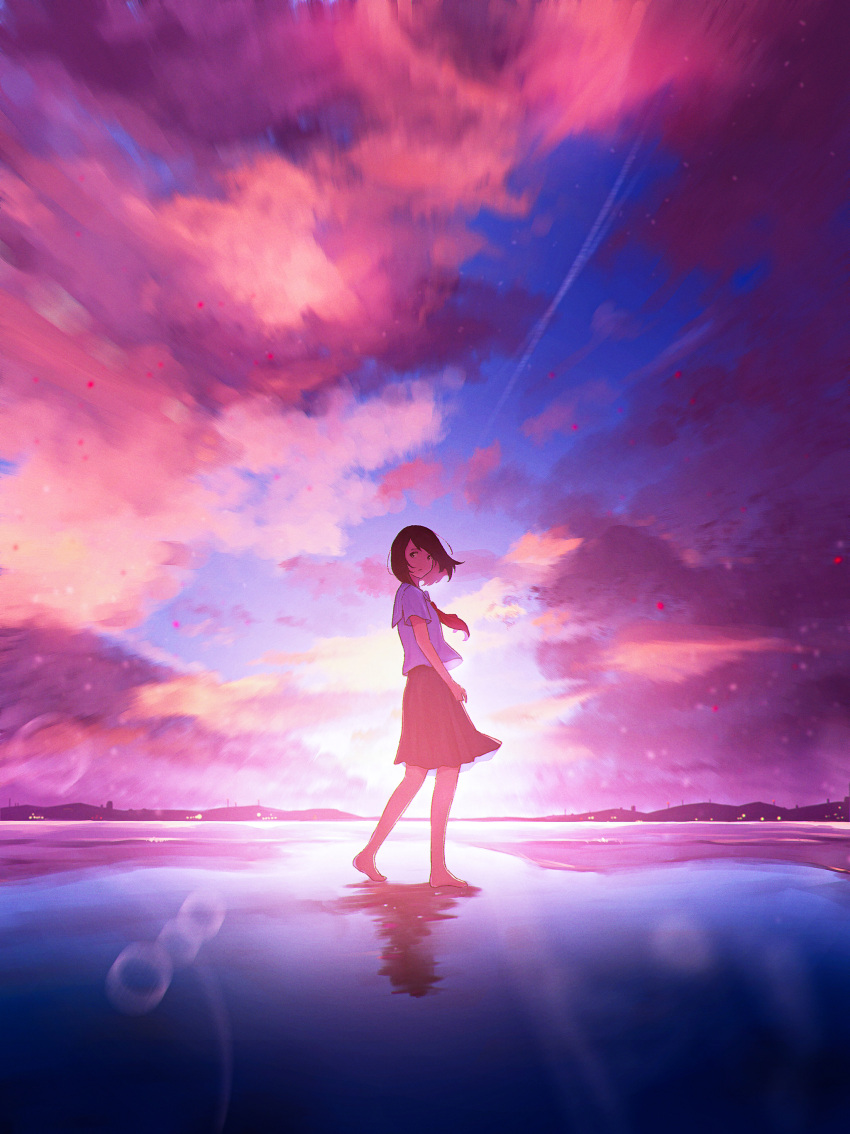 1girl absurdres arms_at_sides barefoot black_eyes black_hair black_skirt blue_sky city_lights cloud cloudy_sky evening floating_clothes floating_hair from_side full_body highres hill horizon lens_flare long_hair looking_at_viewer neckerchief oka_kojiro original outdoors pleated_skirt puddle red_neckerchief reflection reflective_water scenery school_uniform serafuku shirt short_sleeves skirt sky solo walking white_shirt