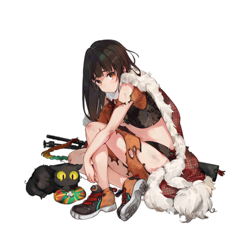 1girl arms_up ball black_footwear black_hair black_vest brown_eyes cat chinese_clothes closed_mouth colored_shoe_soles dragon_dance full_body girls'_frontline highres hugging_own_legs long_hair looking_at_viewer midriff official_alternate_costume official_art orange_footwear orange_pants orange_shirt pants qbu-88 qbu-88_(dance_of_the_trumpet_vine)_(girls'_frontline) qbu-88_(girls'_frontline) shirt shoe_soles shuzi simple_background sitting slit_pupils solo torn_clothes torn_pants torn_shirt transparent_background two-tone_footwear vest