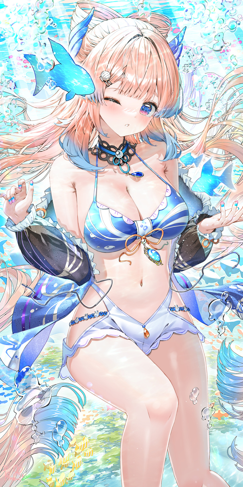 1girl :o absurdres alternate_costume bikini blue_bikini blue_eyes blue_gemstone blue_hair blue_nails blunt_bangs blush bow-shaped_hair breasts bubble choker cleavage collarbone colored_tips dappled_sunlight detached_sleeves feet_out_of_frame fish frilled_sleeves frills gem genshin_impact gradient_hair halterneck hands_up highres jewelry kiramarukou knee_up lace-trimmed_choker lace_trim long_hair medium_breasts mismatched_bikini multicolored_hair navel one_eye_closed open_mouth pink_hair pink_nails sangonomiya_kokomi see-through see-through_sleeves sidelocks signature solo stomach submerged sunlight swimsuit two-tone_nails underwater vision_(genshin_impact) water white_bikini