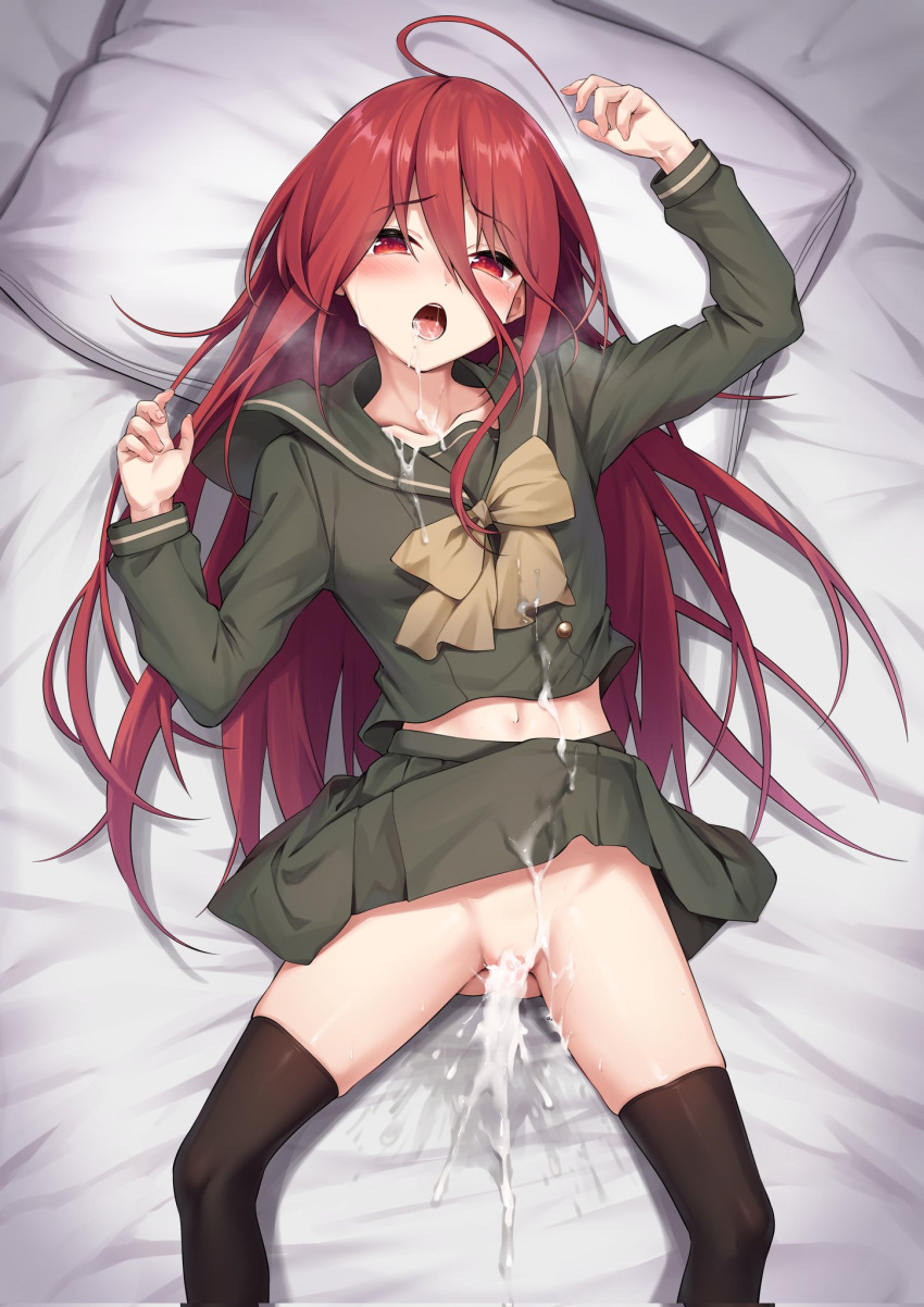 1girl after_sex ahoge bed_sheet black_thighhighs blush bow cum cum_in_pussy cum_on_clothes henria highres long_hair lying misaki_high_school_uniform no_panties on_back open_mouth pillow red_eyes red_hair school_uniform shakugan_no_shana shana solo thighhighs