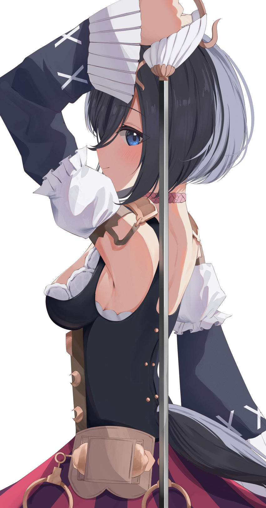 1girl absurdres arm_up armpits black_hair blue_eyes breasts commentary detached_sleeves dirndl eishin_flash_(umamusume) from_side german_clothes highres holding holding_sword holding_weapon horse_girl horse_tail looking_to_the_side medium_breasts short_hair simple_background solo sword sword_behind_back tail tail_through_clothes umamusume weapon white_background yokawa_nagi