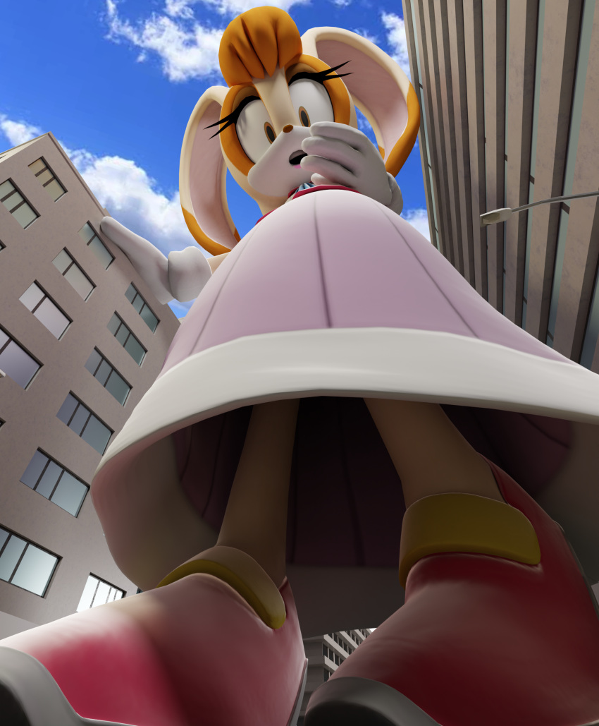 2023 3d_(artwork) anthro building digital_media_(artwork) dwighteisenhower female hi_res lagomorph larger_female leporid looking_at_viewer looking_down macro mammal rabbit sega size_difference solo sonic_the_hedgehog_(series) upskirt vanilla_the_rabbit worried