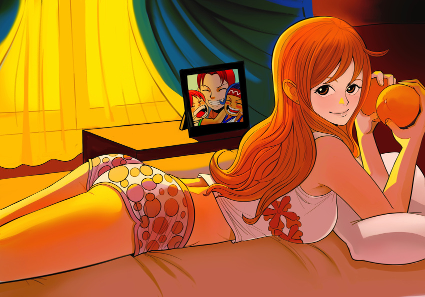 1girl absurdres ass bare_arms bare_legs bedroom bellemere brown_eyes closed_mouth coolb earrings food fruit highres holding holding_food indoors jewelry long_hair looking_at_viewer lying mandarin_orange midriff nami_(one_piece) nojiko on_bed on_stomach one_piece orange_hair photo_(object) pillow short_shorts shorts smile solo straight_hair tank_top white_tank_top