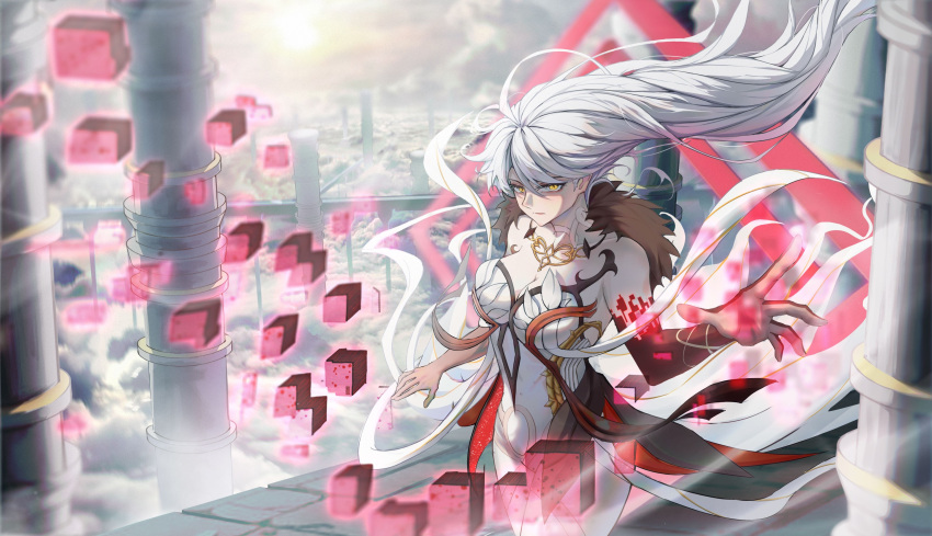 1girl absurdres arm_up closed_mouth cloud cloudy_sky cube floating_hair fur_collar genshin_impact hair_between_eyes highres light_rays long_hair looking_at_viewer looking_to_the_side orange_eyes pillar sky solo sunbeam sunlight unknown_god_(genshin_impact) waist_cape white_hair xinjinjumin6799580