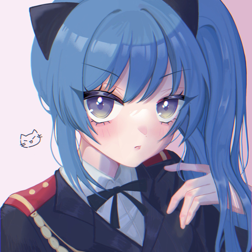 1girl aiguillette animal_ears assault_lily black_jacket black_ribbon blue_hair cat cat_ears chromatic_aberration closed_mouth collared_shirt commentary_request epaulettes fake_animal_ears gradient_background hand_in_own_hair hand_up high_ponytail highres ishikawa_aoi jacket light_blush long_hair long_sleeves looking_at_viewer myuru_(q_t_a_q) neck_ribbon pink_background portrait purple_eyes ribbon school_uniform shirt side_ponytail solo v-shaped_eyebrows white_shirt