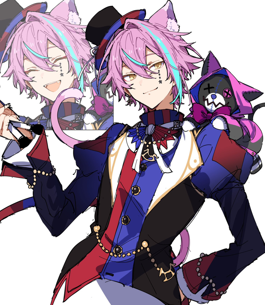 1boy animal_ears aqua_hair cat_boy cat_ears cat_tail closed_eyes closed_mouth facial_mark grey_background hands_on_own_hips hat highres hoshi-toge kamishiro_rui looking_at_viewer male_focus mini_hat mini_top_hat multicolored_hair open_mouth project_sekai purple_hair short_hair smile solo star_(symbol) star_facial_mark stuffed_animal stuffed_cat stuffed_toy tail top_hat yellow_eyes