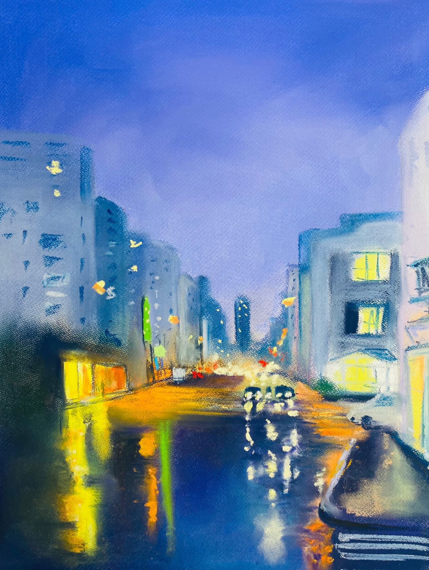 blue_sky building car highres motor_vehicle night night_sky original painting_(medium) pastel_(medium) reflective_floor road sakaue111 scenery sky street traditional_media