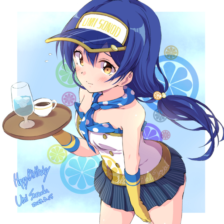 1girl bare_shoulders black_skirt blue_hair blue_headwear blush brown_eyes character_name closed_mouth clothes_writing cup dated drinking_glass flying_sweatdrops gloves hair_between_eyes hand_up happy_birthday highres holding holding_tray ice ice_cube long_hair love_live! love_live!_school_idol_project pleated_skirt see-through sen_(sen0910) shirt skirt solo sonoda_umi strapless strapless_shirt striped striped_skirt tray vertical-striped_skirt vertical_stripes very_long_hair visor_cap white_shirt yellow_gloves