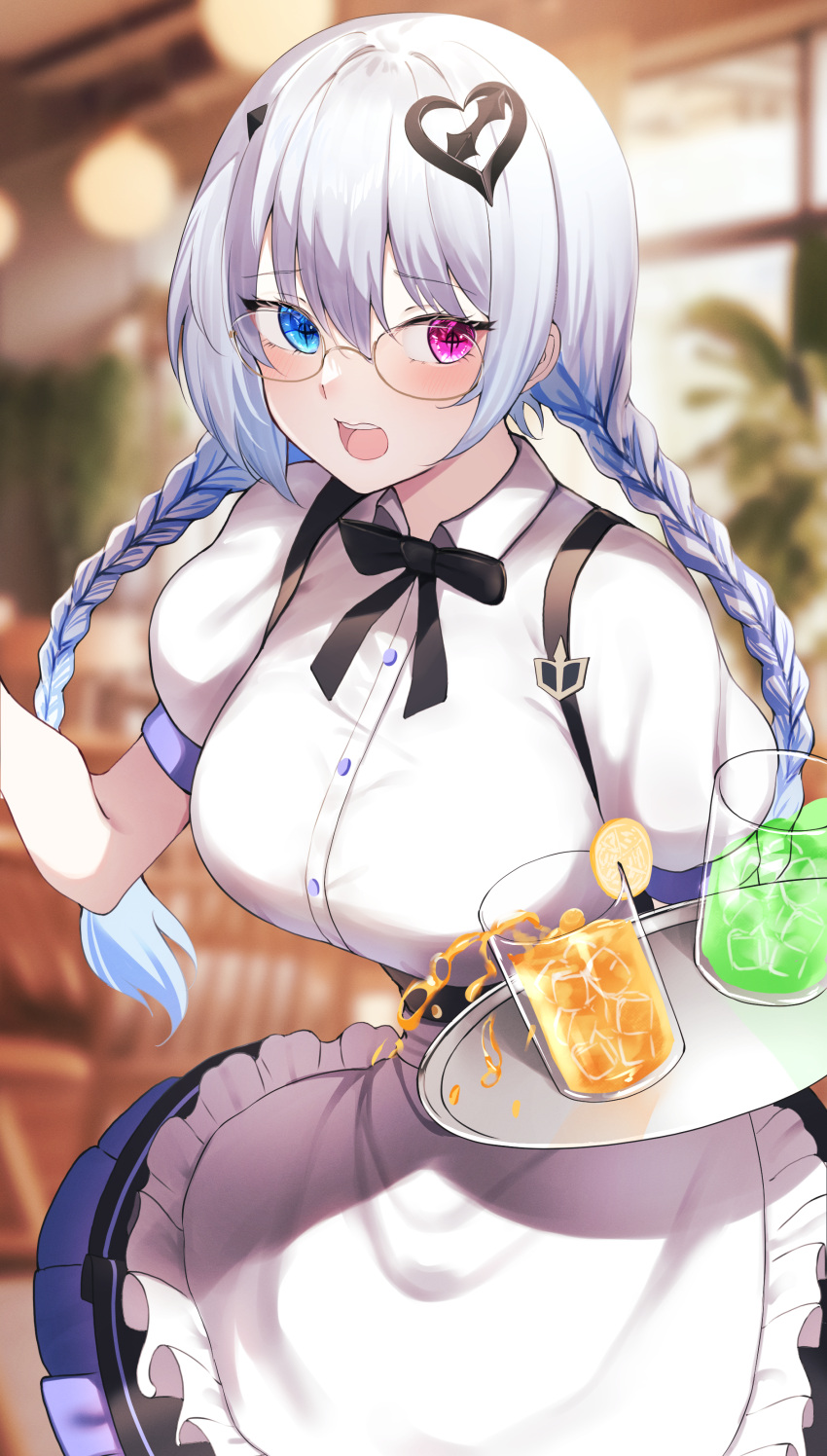 +_+ 1girl absurdres alternate_costume alternate_hairstyle apron black_bow black_bowtie black_skirt blue_eyes blue_hair blurry blurry_background blush bow bowtie braid breasts collared_shirt cup drink drinking_glass food french_braid frilled_apron frills fruit glasses grey_hair hair_between_eyes hair_ornament heart heart_hair_ornament heterochromia high-waist_skirt highres ice ice_cube indoors kairi_(miry666) large_breasts long_hair looking_at_viewer neo-porte open_mouth orange_(fruit) orange_slice pink_eyes puffy_short_sleeves puffy_sleeves shirt short_sleeves skirt solo spilling suspender_skirt suspenders teeth tentei_forte tray twin_braids upper_teeth_only virtual_youtuber waitress white_apron white_shirt wing_collar