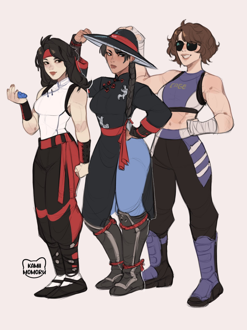 3girls black_hair brown_hair chinese_clothes dougi genderswap genderswap_(mtf) highres johnny_cage kamii_momoru kung_lao liu_kang martial_arts_belt mortal_kombat_(series) mortal_kombat_1_(2023) multiple_girls muscular muscular_female ponytail sunglasses wristband