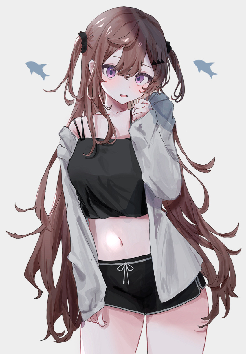 1girl black_camisole black_scrunchie black_shorts brown_hair camisole cowboy_shot dolphin_shorts grey_background grey_jacket hair_ornament hair_scrunchie highres hood hooded_jacket jacket kohaku_sogo long_hair midriff multi-strapped_camisole navel open_clothes open_jacket open_mouth original purple_eyes scrunchie shorts single_bare_shoulder smile solo two_side_up very_long_hair