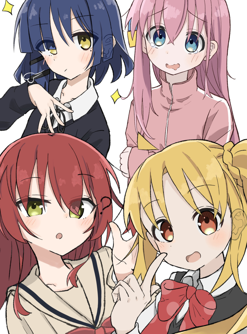 4girls ? absurdres aqua_eyes black_shirt blonde_hair blue_hair blush bocchi_the_rock! bow collared_shirt dark_blue_hair drooling gotoh_hitori green_eyes hand_on_own_chest highres holding_own_arm ijichi_nijika kita_ikuyo long_hair looking_at_viewer mouth_drool multiple_girls open_mouth orange_eyes pigbone_cafe pink_hair pink_track_suit pointing pointing_at_self red_bow red_hair sailor_collar sailor_shirt school_uniform shirt short_hair simple_background sparkle spread_fingers tongue track_suit white_background yamada_ryo yellow_eyes