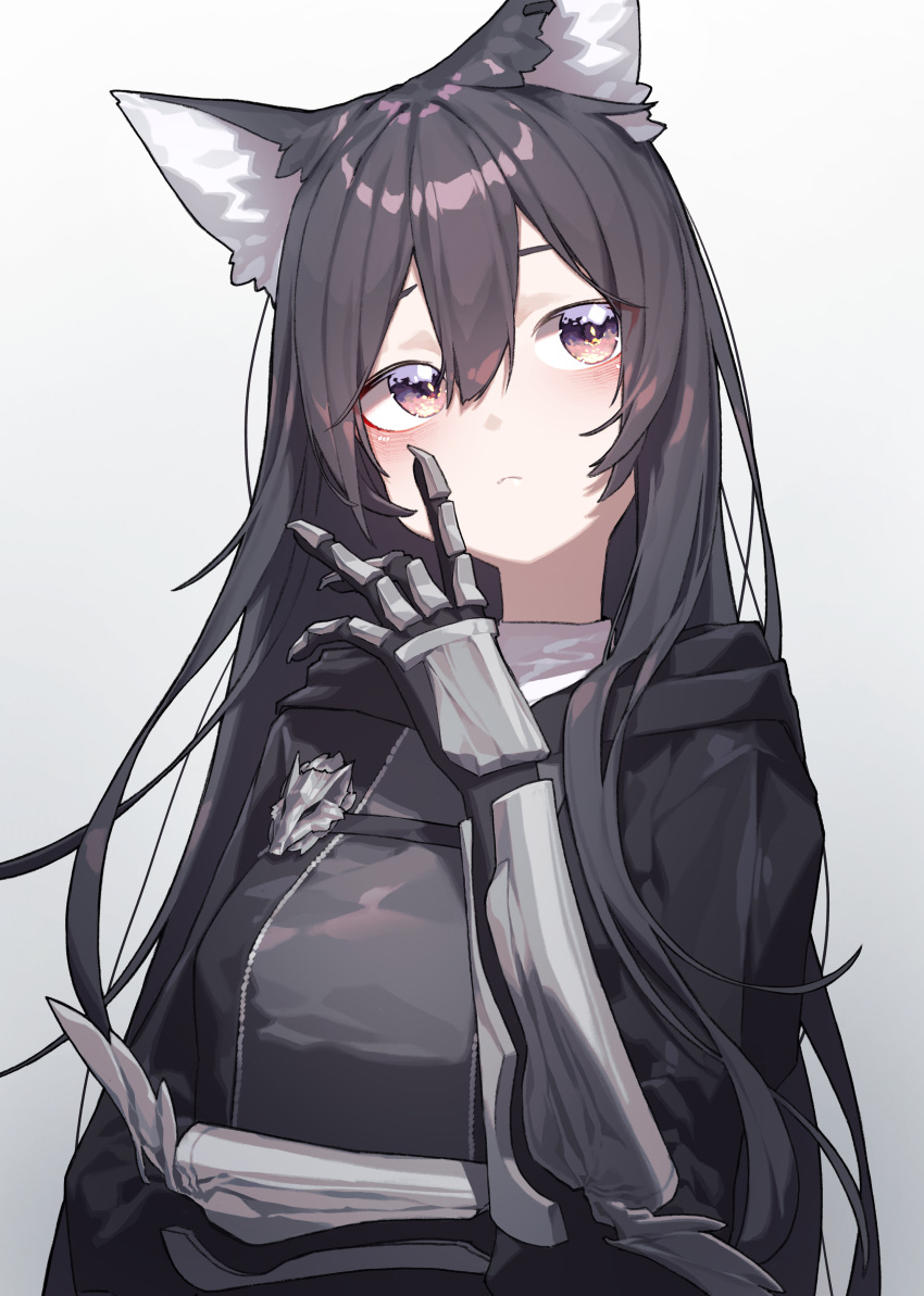 1girl :&lt; absurdres animal_ears arknights beudelb black_hair black_shirt blush gauntlets grey_background hair_between_eyes highres long_sleeves shirt simple_background solo texas_(arknights) upper_body wolf_ears wolf_girl yellow_eyes