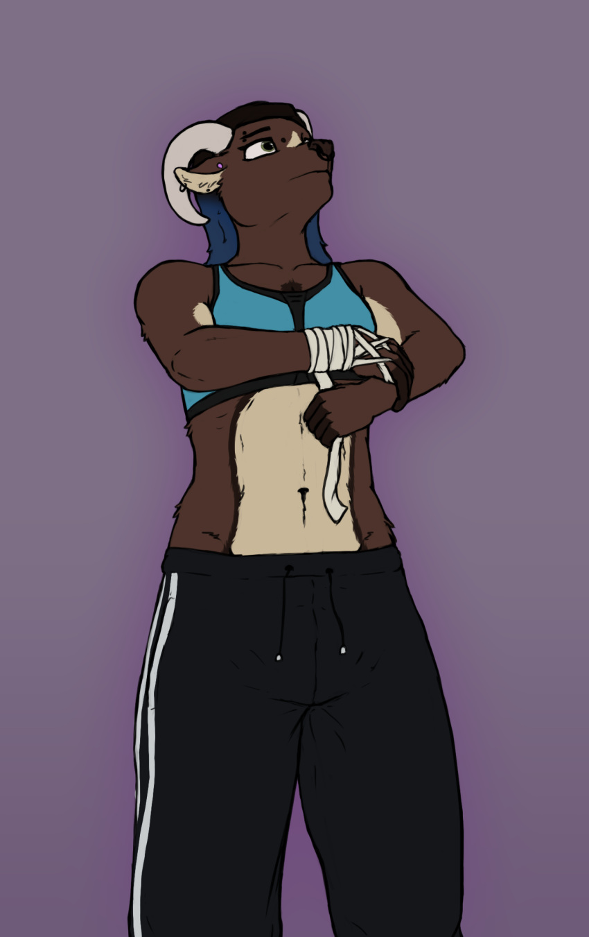 anthro bandage bovid boxing_tape bra brown_body brown_fur caprine clothing female focused fur granolapunch green_eyes hi_res horn jogging_pants looking_away looking_up low-angle_view mammal muscular serious solo solo_focus sports_bra sportswear trans_(lore) trans_woman_(lore) underwear