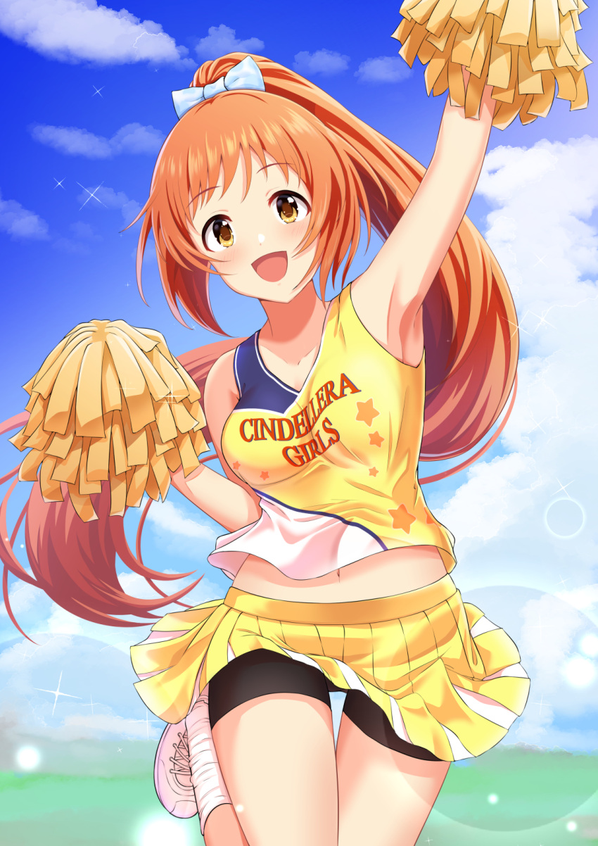 1girl :d arm_up armpits bare_shoulders bike_shorts_under_skirt blue_ribbon blue_sky blurry blurry_background blush bow breasts brown_eyes brown_hair cheerleader clothes_lift cloud collarbone cowboy_shot day dot_nose grass hair_bow hair_ribbon hand_up highres holding holding_pom_poms idolmaster idolmaster_cinderella_girls idolmaster_cinderella_girls_starlight_stage leg_up lens_flare long_hair looking_at_viewer medium_breasts midriff_peek miniskirt nagmilk navel open_mouth outdoors pleated_skirt polka_dot polka_dot_ribbon pom_pom_(cheerleading) ponytail print_shirt ribbon shirt shoes skirt skirt_lift sky sleeveless sleeveless_shirt smile sneakers socks solo sparkle standing standing_on_one_leg star_(symbol) star_print text_print two-tone_shirt very_long_hair wakabayashi_tomoka white_footwear white_socks wind wind_lift yellow_skirt