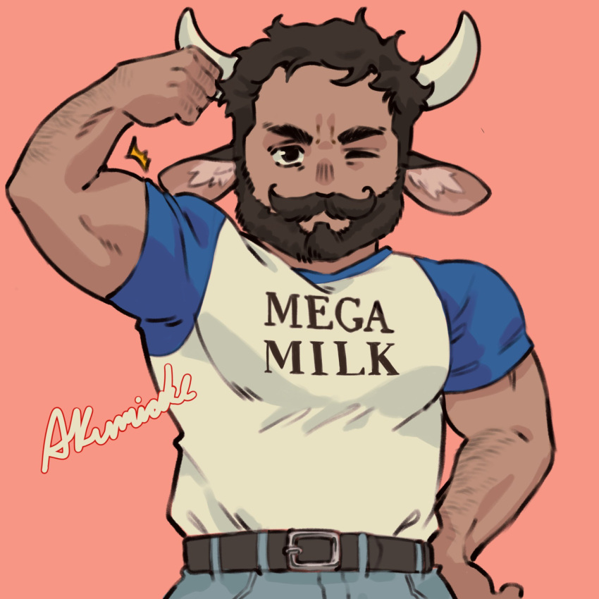 1boy akumicke animal_ears arm_hair bara beard belt biceps black_eyes blue_sleeves brown_hair clothes_writing cow_boy cow_ears cow_horns cowboy_shot dark-skinned_male dark_skin deformed denim english_text facial_hair flexing hand_on_own_hip highres horns jeans large_pectorals looking_at_another male_focus mature_male mega_milk muscular muscular_male original pants pectorals pink_background shirt shirt_tucked_in short_hair solo t-shirt thick_eyebrows thick_mustache v-shaped_eyebrows