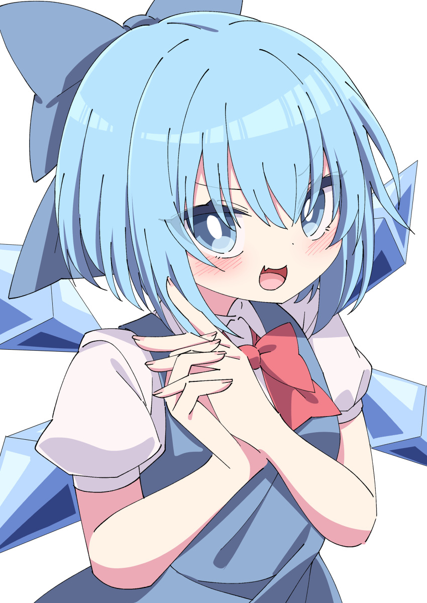 1girl absurdres blue_bow blue_dress blue_eyes blue_hair blush bow bowtie cirno collared_shirt dress fairy fang hair_between_eyes hair_bow highres ice ice_wings looking_at_viewer open_mouth own_hands_together pinafore_dress red_bow red_bowtie shirt short_hair short_sleeves simple_background skin_fang sleeveless sleeveless_dress smile solo touhou tsukimirin upper_body white_background white_shirt wings