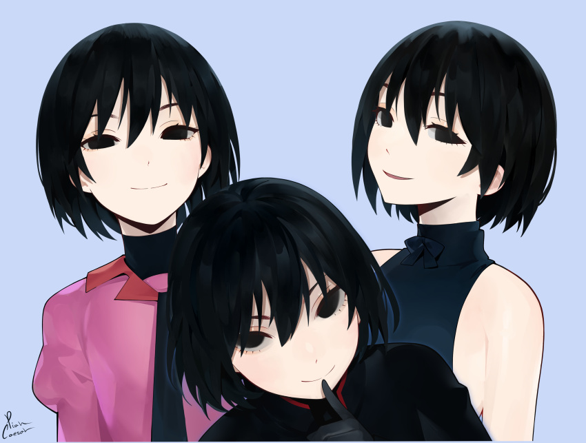 1girl absurdres artist_name bare_shoulders black_dress black_eyes black_gloves black_hair black_necktie black_undershirt blue_background bob_cut bow closed_mouth commentary dress dress_bow empty_eyes eyelashes finger_to_own_chin gakuran gloves hair_between_eyes halterneck highres long_sleeves looking_at_viewer monogatari_(series) multiple_persona naoetsu_high_school_uniform necktie oshino_ougi pale_skin parted_lips piancaesar pink_shirt puffy_sleeves romaji_commentary school_uniform shirt short_hair signature simple_background sleeveless sleeveless_dress smile turtleneck upturned_eyes