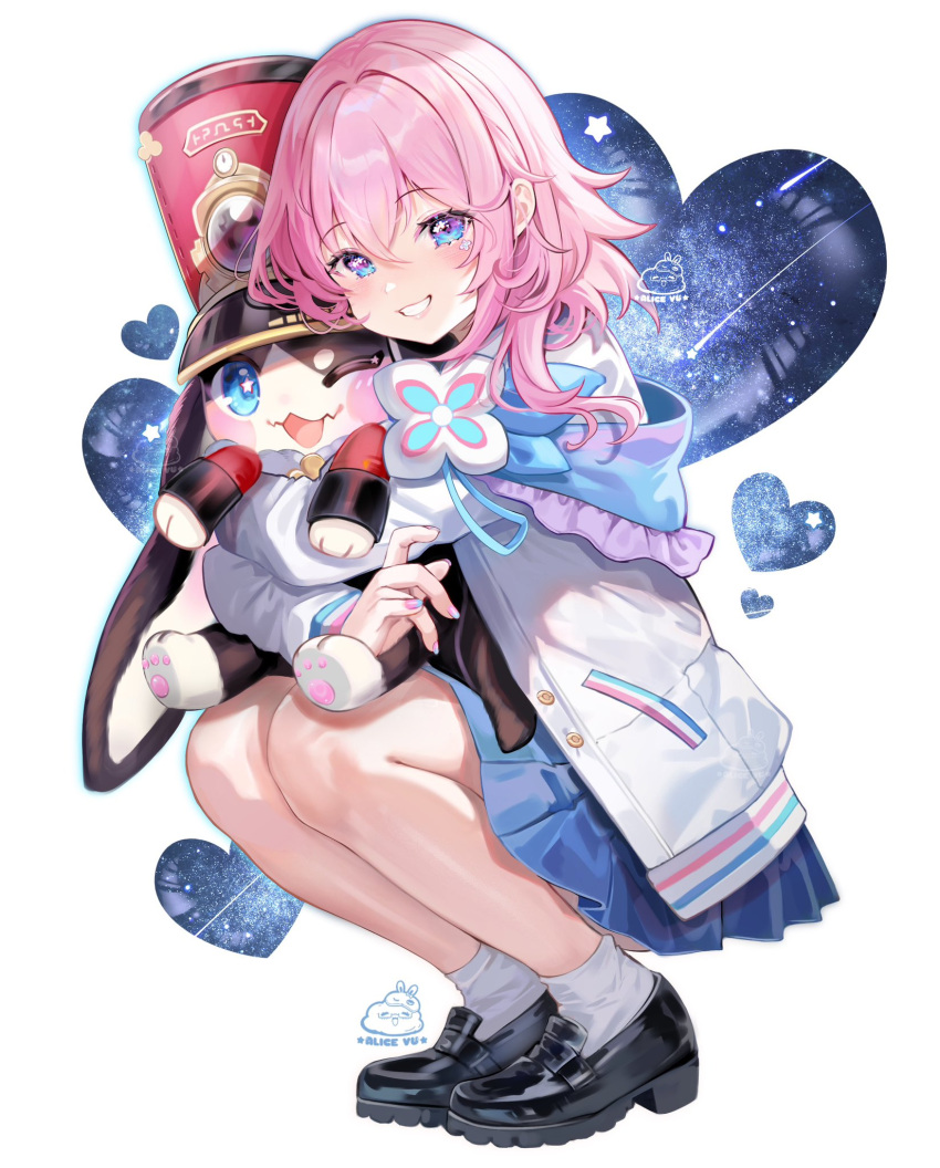 1girl 1other alice_vu animal_ears animal_hands artist_logo artist_name black_footwear blue_eyes blue_skirt blush clenched_teeth flower_ornament grabbing gradient_eyes hair_between_eyes hat heart highres honkai:_star_rail honkai_(series) hug jacket lips long_sleeves looking_at_viewer lop_rabbit_ears march_7th_(honkai:_star_rail) medium_hair multicolored_eyes one_eye_closed open_mouth pink_eyes pink_hair pom-pom_(honkai:_star_rail) rabbit rabbit_ears red_headwear shako_cap sidelocks simple_background skirt sky smile socks squatting star-shaped_pupils star_(sky) star_(symbol) starry_sky symbol-shaped_pupils teeth two-tone_eyes two-tone_nails watermark white_background white_jacket white_sleeves white_socks