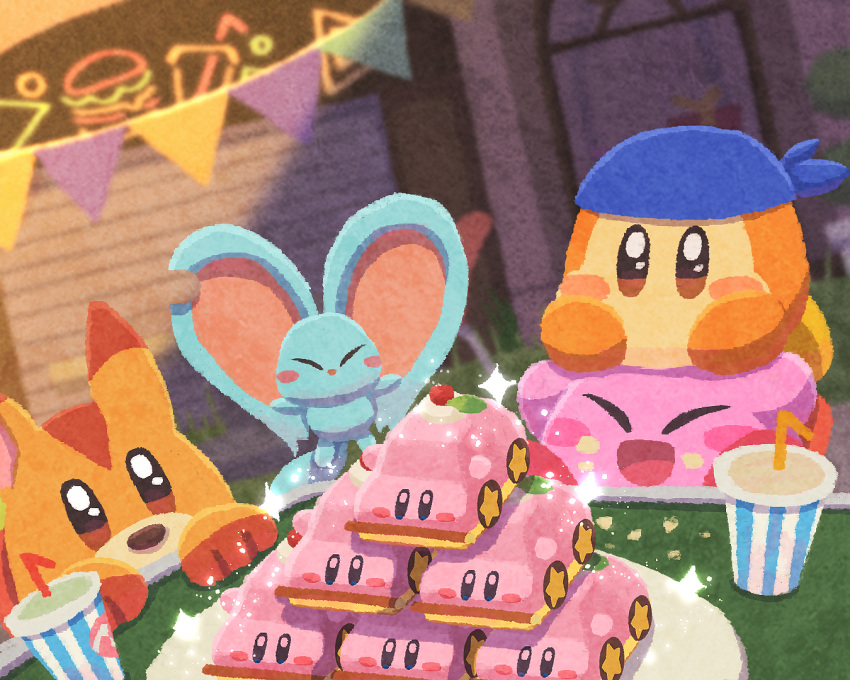 animal bandana bandana_waddle_dee blue_bandana blush_stickers cake car-mouth_cake closed_eyes cup disposable_cup elfilin evening food kirby kirby_(series) kirby_cafe miclot neon_lights no_humans open_mouth outdoors pink_footwear plate shoes smile sparkling_eyes string_of_flags