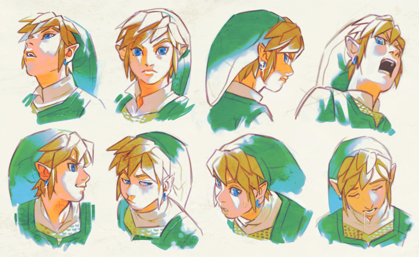 blue_eyes bodily_fluids clothed clothing drooling eyebrows green_clothing hair humanoid humanoid_pointy_ears hylian link male nintendo not_furry open_mouth saliva solo the_legend_of_zelda uzucake