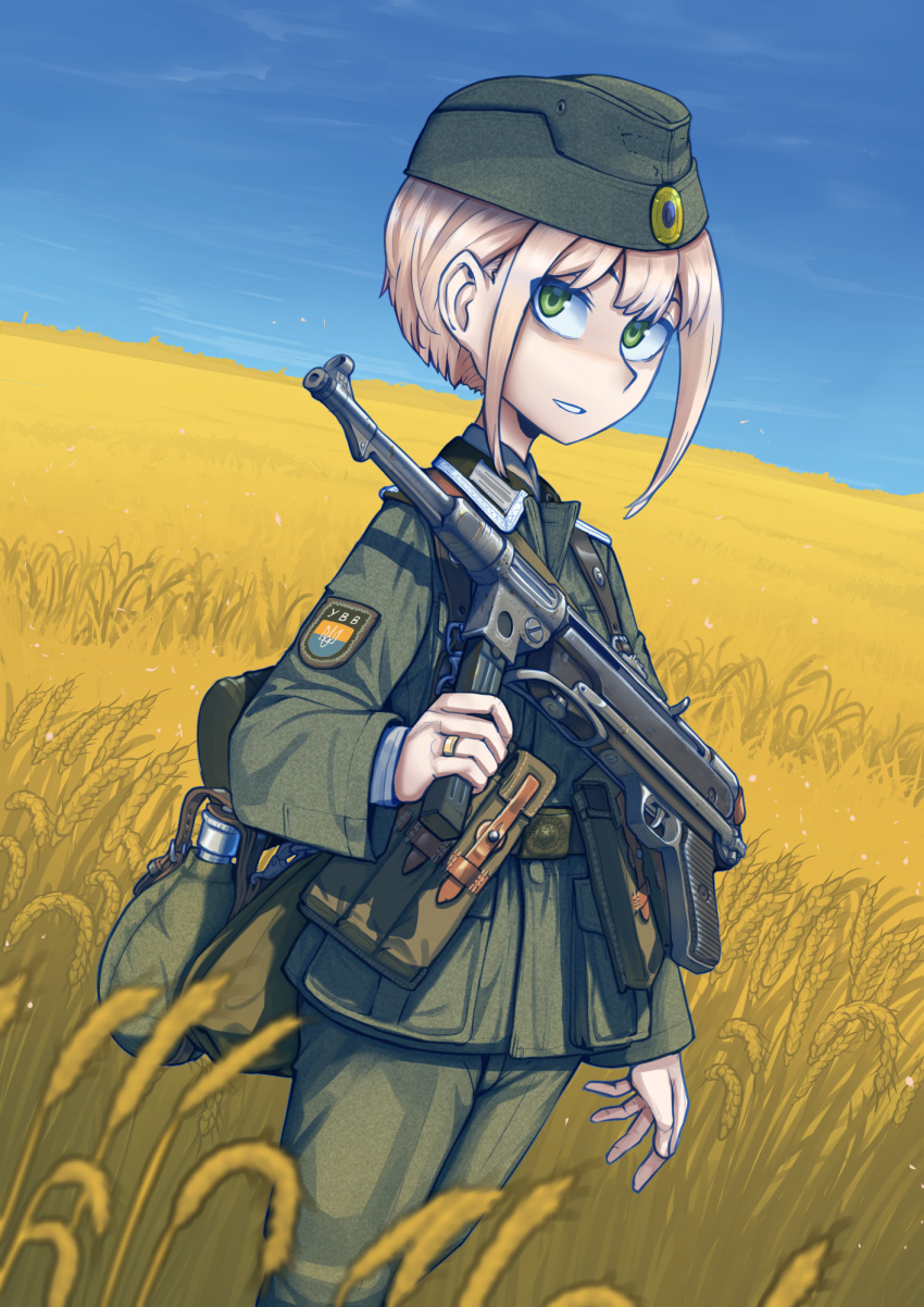 1girl arm_at_side backpack bag belt belt_pouch blonde_hair blue_skirt canteen clear_sky commentary dutch_angle english_commentary erica_(naze1940) garrison_cap green_bag green_belt green_eyes green_headwear green_jacket green_pants gun hat highres holding holding_gun holding_weapon jacket jewelry light_smile looking_at_viewer looking_to_the_side military military_uniform nose original pants parted_lips pouch ppsh-41 ring shaded_face short_hair short_hair_with_long_locks sidelocks skirt sky smile standing submachine_gun translated ukraine uniform upturned_eyes very_short_hair weapon wheat wheat_field world_war_ii