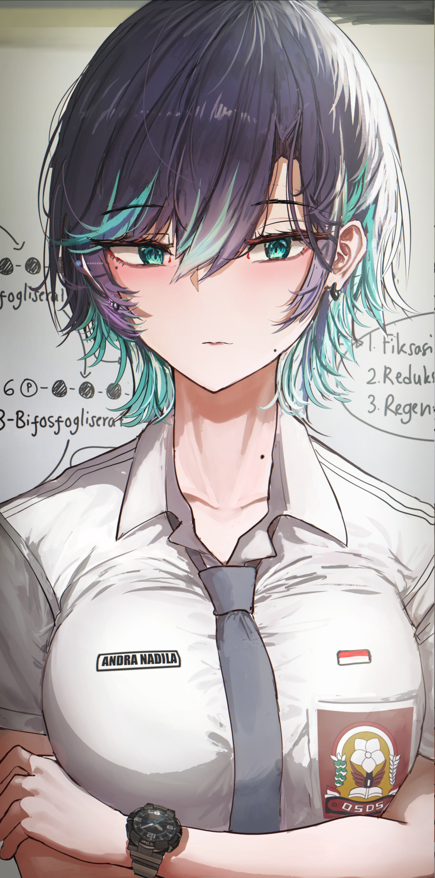 1girl absurdres aqua_eyes aqua_hair arms_under_breasts blue_hair blue_necktie breasts closed_mouth collarbone collared_shirt highres indonesian_high_school_uniform large_breasts looking_at_viewer mole mole_on_neck mole_under_mouth multicolored_hair necktie original school_uniform shirt short_hair short_sleeves solo streaked_hair translation_request upper_body vloodozer watch white_shirt