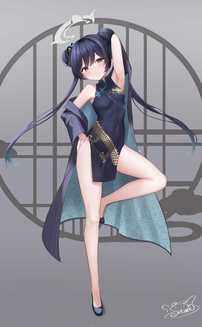 1girl absurdres arm_up armpits bare_legs bare_shoulders black_coat black_footwear black_hair blue_archive breasts china_dress chinese_clothes closed_mouth coat covered_navel double_bun dragon_print dress expressionless full_body grey_eyes hair_bun halo hand_on_hip highres hwa_sawa incredibly_absurdres kisaki_(blue_archive) leg_up long_hair long_sleeves looking_at_viewer no_panties off_shoulder open_clothes open_coat pelvic_curtain pinstripe_pattern print_dress shoes sleeveless sleeveless_dress small_breasts solo standing standing_on_one_leg striped thighs twintails very_long_hair