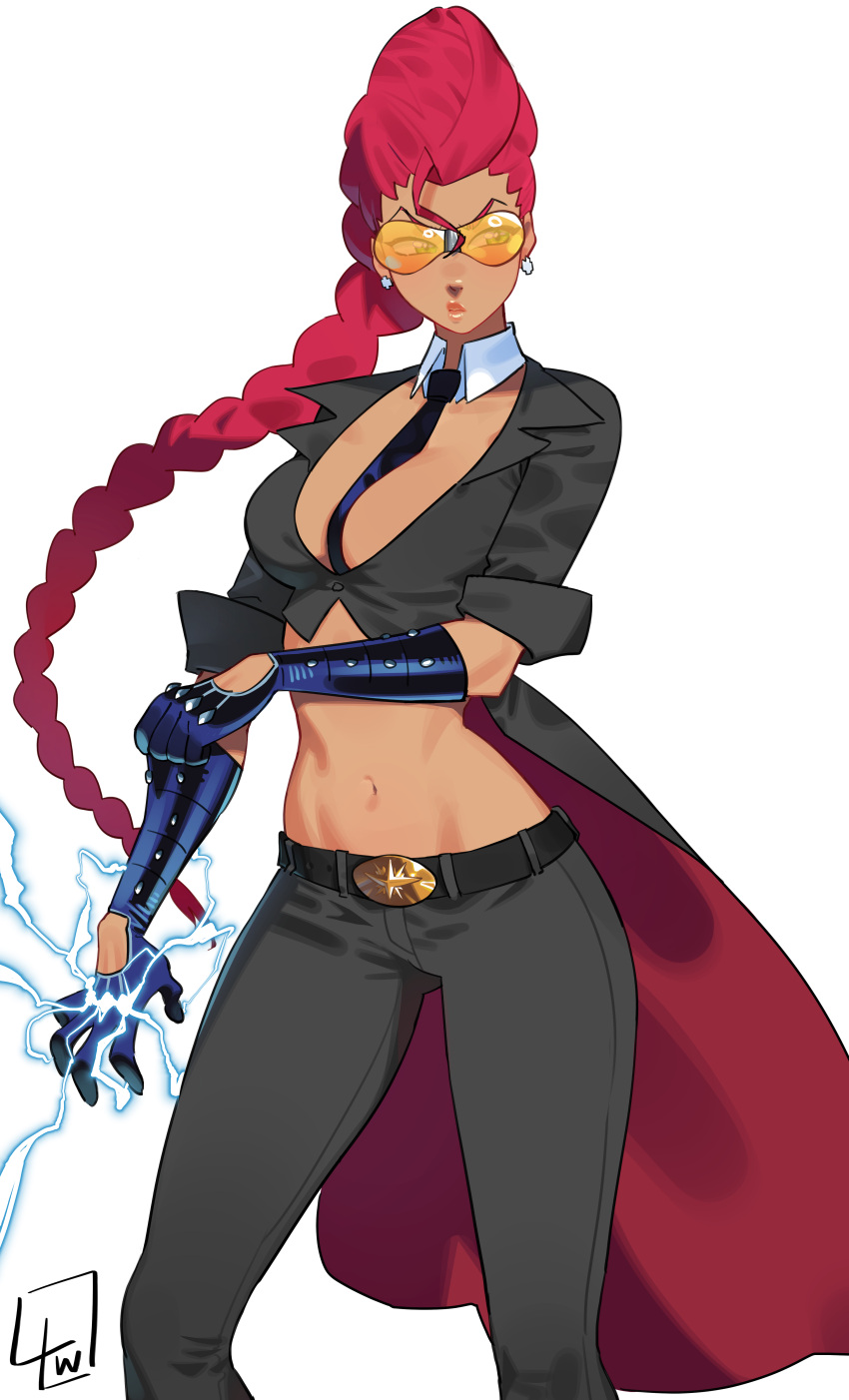 1girl absurdres between_breasts black_pants braid breasts cleavage crimson_viper detached_collar gloves highres l4wless long_hair midriff necktie necktie_between_breasts orange-tinted_eyewear pants red_hair single_braid street_fighter street_fighter_iv_(series) sunglasses tailcoat tinted_eyewear white_background