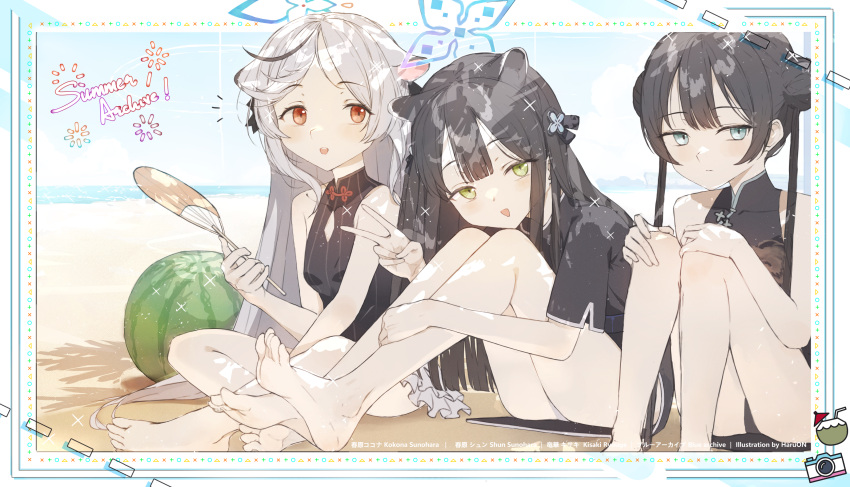 3girls :d bare_legs barefoot beach black_dress black_hair blue_archive blue_eyes breasts closed_mouth day dorsiflexion dress feet feet_out_of_frame food fruit green_eyes halo hand_fan haru_on highres holding holding_fan kisaki_(blue_archive) knees_up kokona_(blue_archive) legs long_hair multiple_girls outdoors paper_fan parted_bangs red_eyes short_sleeves shun_(blue_archive) shun_(small)_(blue_archive) sideways_glance sitting sleeveless sleeveless_dress small_breasts smile soles toes uchiwa v very_long_hair watermelon