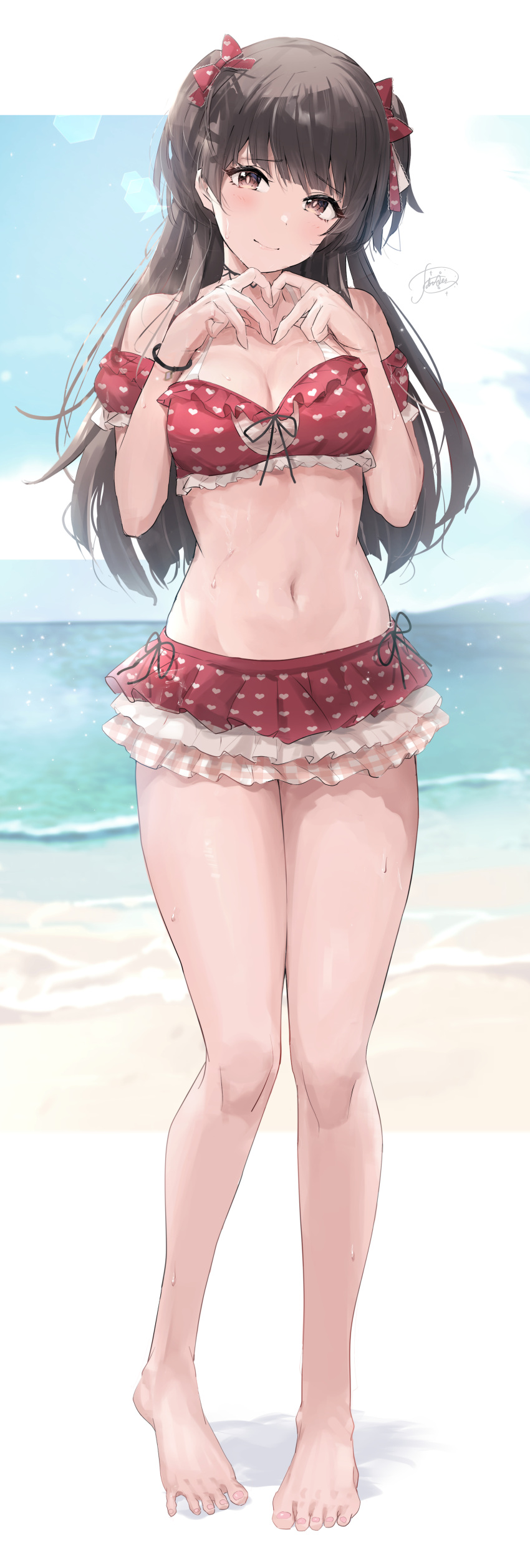 1girl absurdres bare_legs barefoot beach bikini black_hair blush breasts cleavage frilled_bikini frills full_body head_tilt heart heart_hands heart_print highres idolmaster idolmaster_shiny_colors looking_at_viewer mayuzumi_fuyuko medium_breasts navel outdoors powder_is_kona print_bikini red_bikini smile solo spread_toes stomach swimsuit toes two_side_up