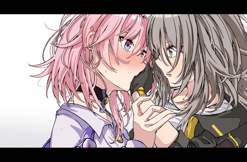 2girls absurdres black_gloves black_jacket blush brown_eyes collared_shirt commentary_request covering_mouth dress_shirt eye_contact gloves grey_hair hair_between_eyes hand_over_another's_mouth highres honkai:_star_rail honkai_(series) jacket letterboxed looking_at_another march_7th_(honkai:_star_rail) multiple_girls nakatokung nose_blush open_clothes open_jacket parted_lips pink_hair purple_eyes shirt simple_background stelle_(honkai:_star_rail) trailblazer_(honkai:_star_rail) upper_body white_background white_shirt yuri