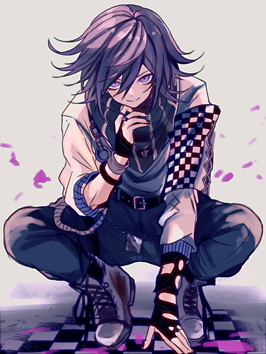 1boy baggy_clothes black_nails black_pants black_scarf blood checkered_clothes danganronpa_(series) danganronpa_v3:_killing_harmony fingerless_gloves full_body gloves hair_between_eyes highres jewelry looking_at_viewer male_focus nail_polish necklace oma_kokichi pants pink_blood purple_eyes purple_hair ring scarf short_hair simple_background smile solo squatting urami0310 white_footwear