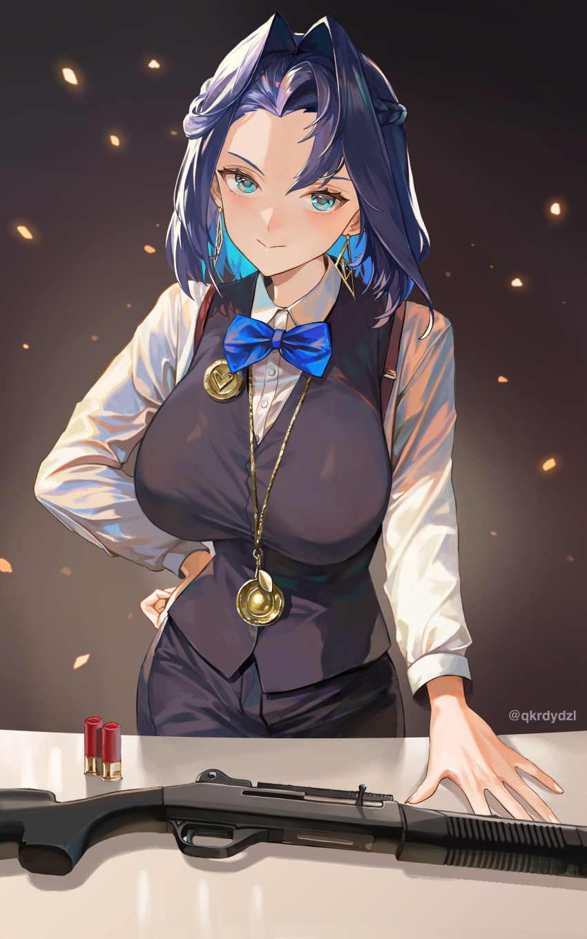 1girl absurdres benelli_m4 black_hair black_pants black_vest blue_bow blue_bowtie blue_eyes blue_hair blush bow bowtie breasts brown_hair earrings gun hair_intakes hand_on_own_hip highres hololive hololive_english jewelry john_wick large_breasts looking_at_viewer medallion merchant multicolored_hair ouro_kronii pants santafe99 shirt short_hair shotgun shotgun_shell smile solo suspenders table twitter_username vest virtual_youtuber weapon white_shirt