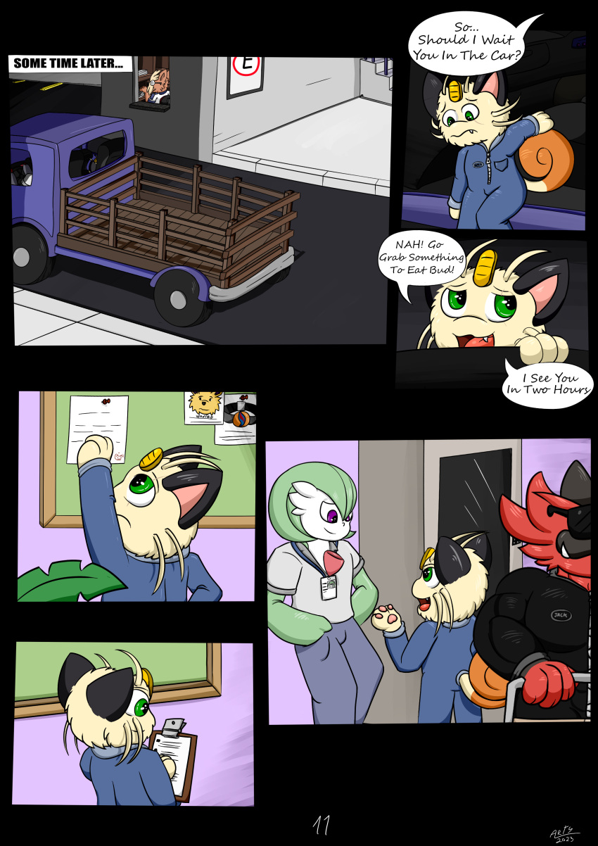 absurd_res anthro clothing comic eyewear gardevoir generation_1_pokemon generation_3_pokemon generation_5_pokemon generation_7_pokemon gynomorph herdier hi_res incineroar intersex jumpsuit looking_at_viewer male meowth midnight_meowth nintendo pokemon pokemon_(species) solo sunglasses vehicle