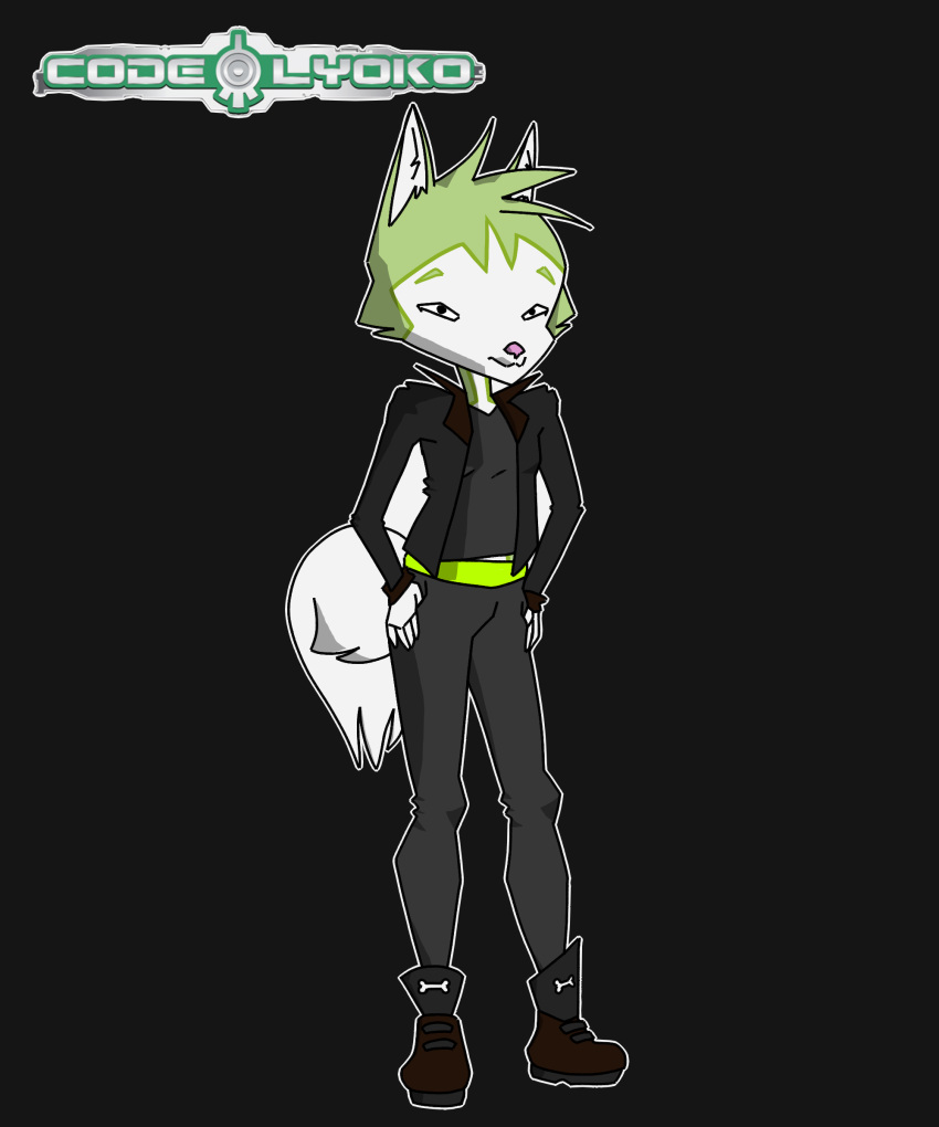 5:6 absurd_res ambiguous_gender anthro april_fools april_fools'_day bone boots bottomwear byte_fantail_(character) canid canine canis clothing code_lyoko cursed_image domestic_dog footwear fur green_body green_fur hands_on_hips hi_res husky jacket leather leather_clothing leather_jacket leather_topwear mammal nordic_sled_dog pants pink_nose shirt sillydraco solo spitz topwear white_body white_fur
