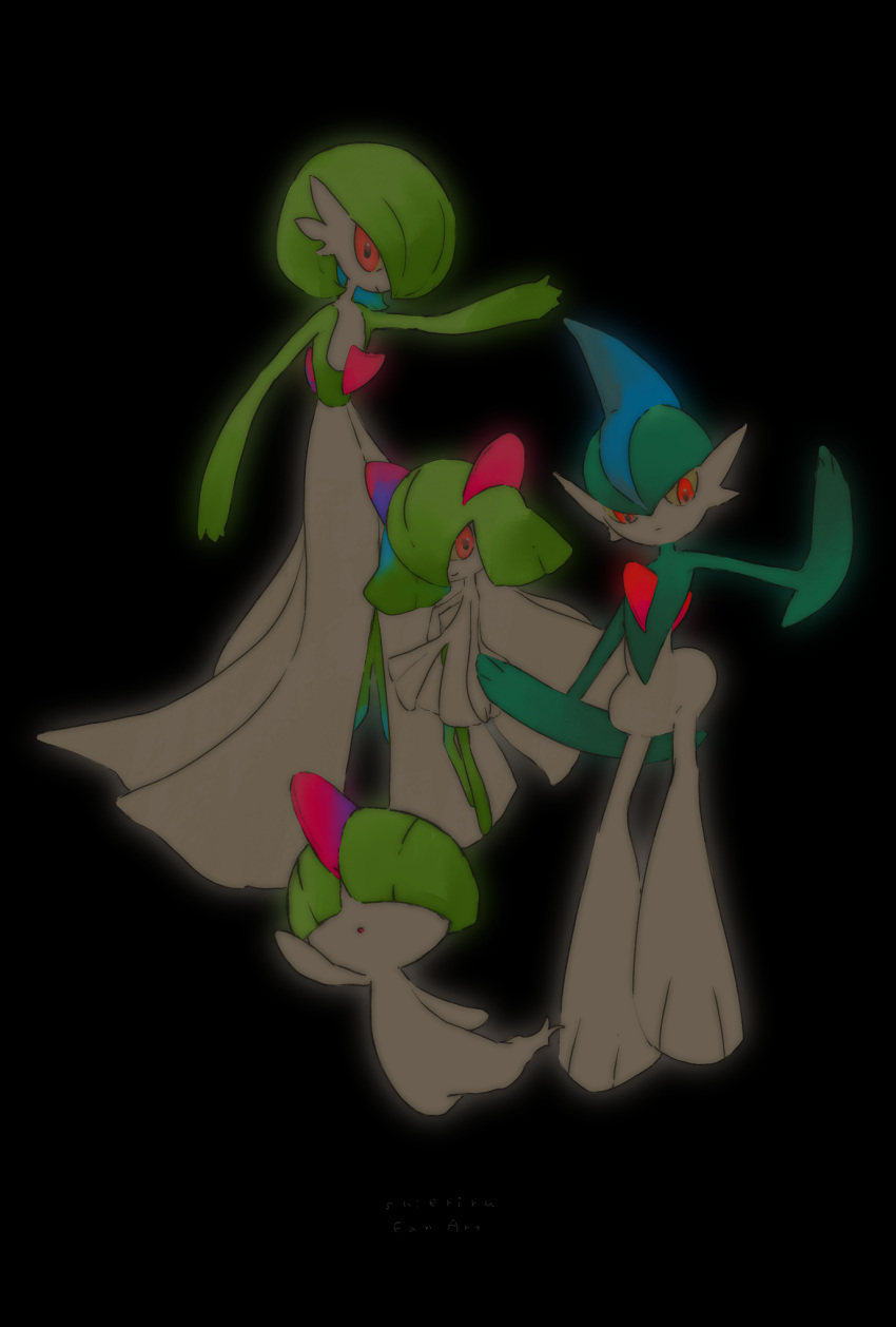 1boy 1other 2girls arm_at_side arm_blade arm_up black_background blue_hair blunt_bangs bob_cut bowl_cut closed_mouth colored_skin commentary_request covered_eyes evolutionary_line flat_chest full_body gallade gardevoir green_hair green_skin hair_between_eyes hair_over_eyes hair_over_one_eye hand_on_own_hip happy highres kirlia looking_at_viewer medium_hair mohawk multicolored_hair multicolored_skin multiple_girls one_eye_covered open_mouth outstretched_arm pokemon pokemon_(creature) ralts reaching red_eyes shieriru short_hair sidelocks simple_background smile standing two-tone_hair two-tone_skin weapon white_skin